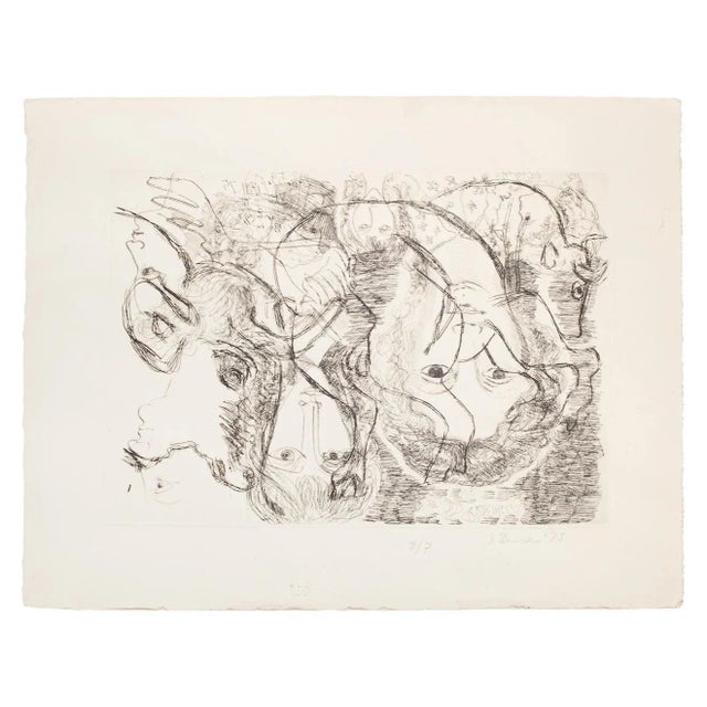 Composition of Figures is an original etching and drypoint print on paper realized by Gian Paolo Berto, in 1975. Good...