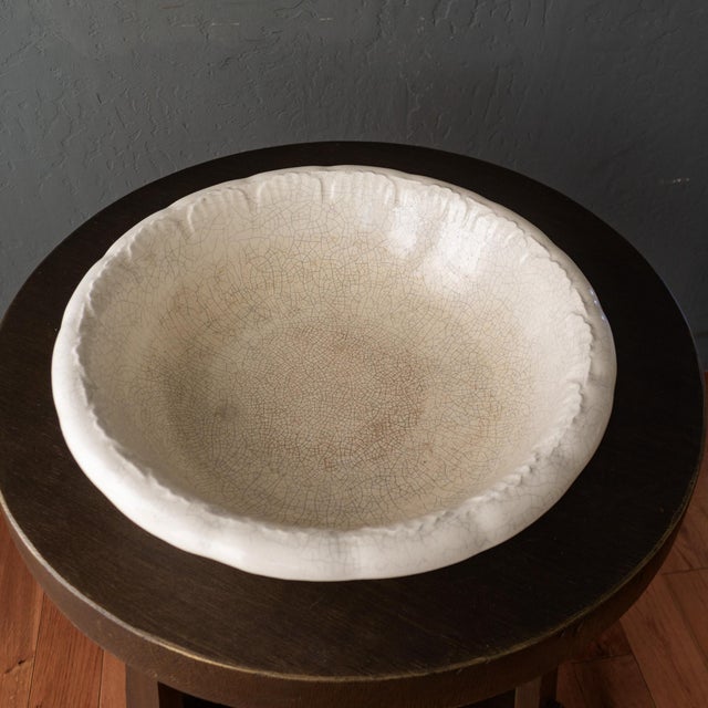White Oversized Studio Pottery Bowl With Scalloped Rim and Crackle Glaze For Sale - Image 11 of 14