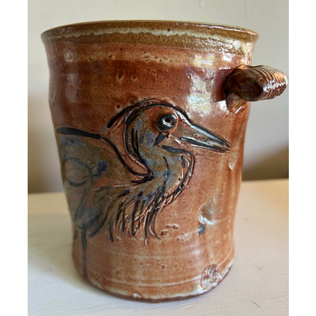 Vintage Studio Pottery Wine Cooler With Blue Herron For Sale - Image 4 of 9