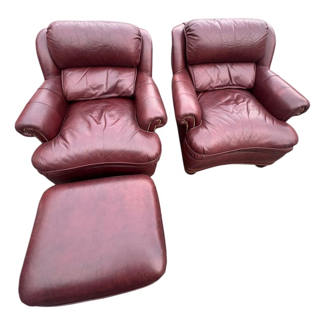 Hancock Moore Pair Austin High Back Lounge Chairs and 1 Ottoman Nailhead Trim For Sale