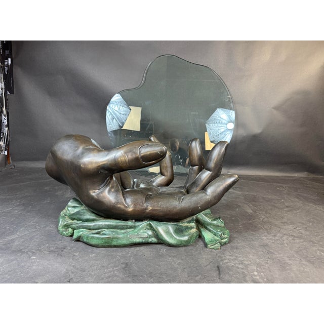 Brown Mid Century Leonardo Rossi Bronze Hand Sculpture Glass Top Coffee Table For Sale - Image 8 of 11