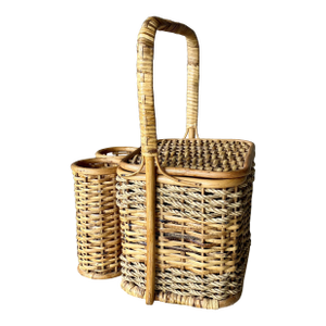 Circa 1980 Nicely-Sized Tortoiseshell Rattan & Jute Wine & Charcuterie / Picnic Basket