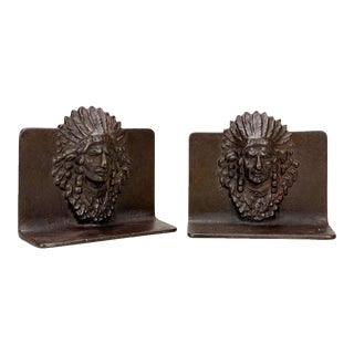 Antique Cast Bronze Native American Indian Chief Bookends - a Pair For Sale
