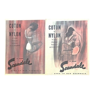 1955 Pair- Mid-Century French Lingerie Advertisement Prints, Matted For Sale