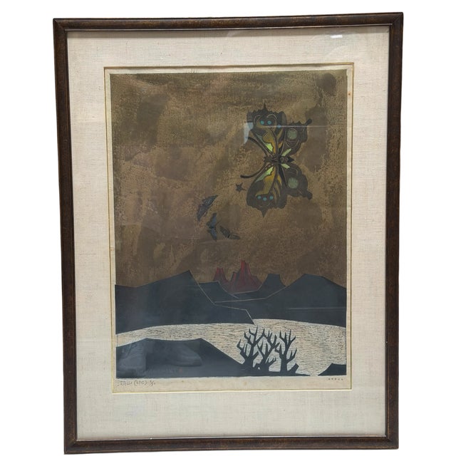 1960’s Yoshio Kanamori Japanese Woodblock Print Butterfly & Mountains.