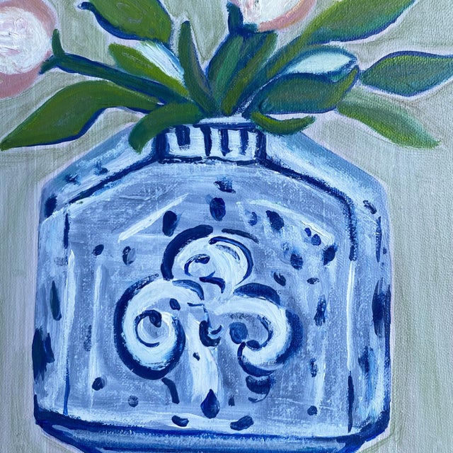 Chinoiserie Original Framed Oil Acrylic Botanical Painting, Organic Boho Art Floral Wall Art, 13" X 13" by Tatiana Duperault For Sale - Image 3 of 4