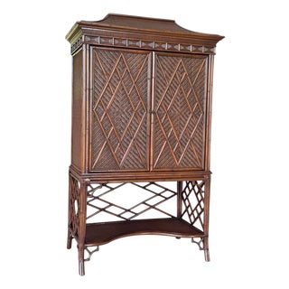 Vintage British Colonial Pagoda Rattan Fretwork Diamond Weave Armoire For Sale