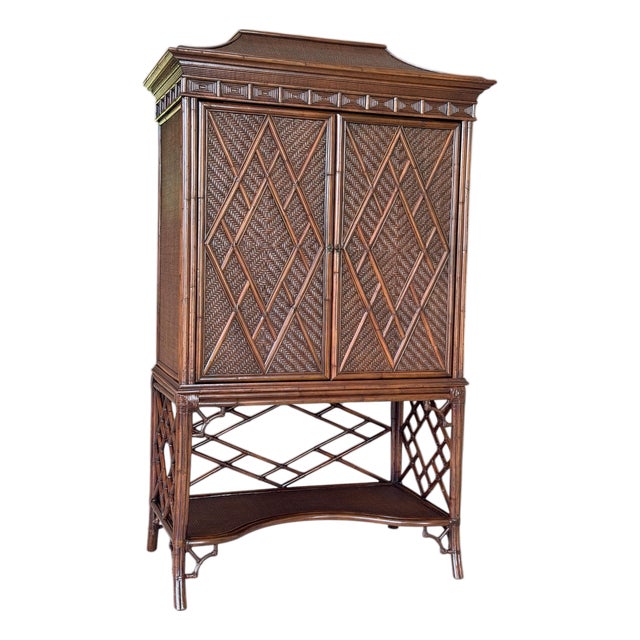 Vintage British Colonial Pagoda Rattan Fretwork Diamond Weave Armoire For Sale