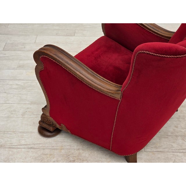 Danish Relax Armchair in Furniture Velour and Carved Oak Wood, 1950s For Sale - Image 15 of 18