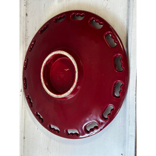 Large Model No. 4162 Openwork Platter in Ruby ​​Red Glazed Earthenware with Gilt Highlights Blanche Letalle for Saint-Clément, 1950s For Sale - Image 4 of 9