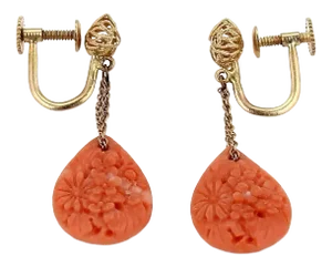 Carved Coral 14k Yellow Gold Floral Drop Dangle Earrings Screw Back - 2 Pieces