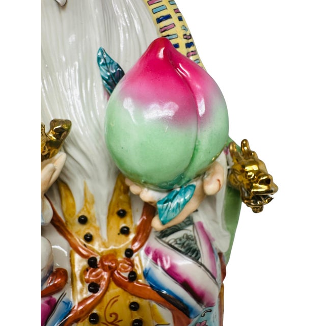 Palatial 21.5" Famille Rose Shouxing "Three Stars" Figurine – Hand-Painted Throne Masterwork With 360° Gold Gilt Artistry For Sale In Tampa - Image 6 of 18