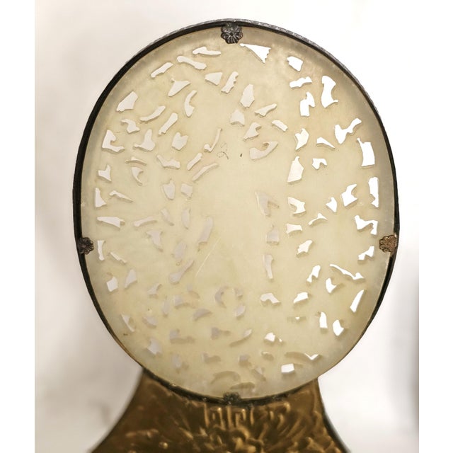 Antique Chinese Carved Jade Bookends With Brass Floral Bases — Scholar Motif Pair For Sale - Image 10 of 14