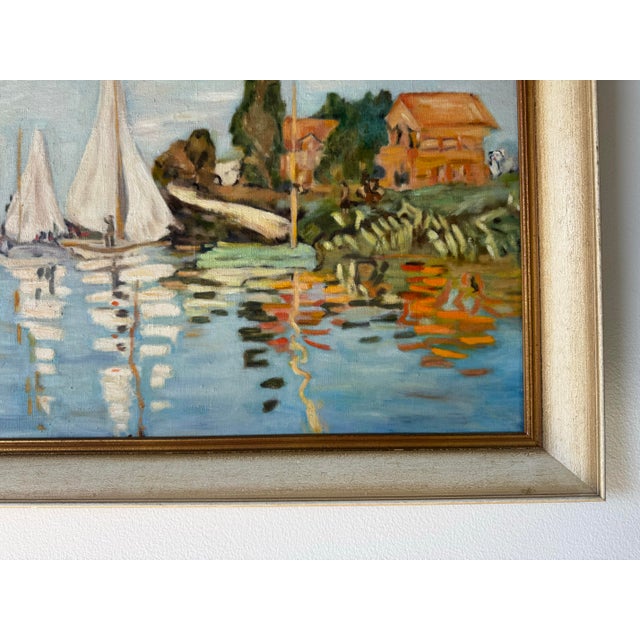 1960's Marie Hendrich Ozon " Yacht Races at Argenteuil " Oil on Canvas Painting After Monet Sold For Sale - Image 11 of 12