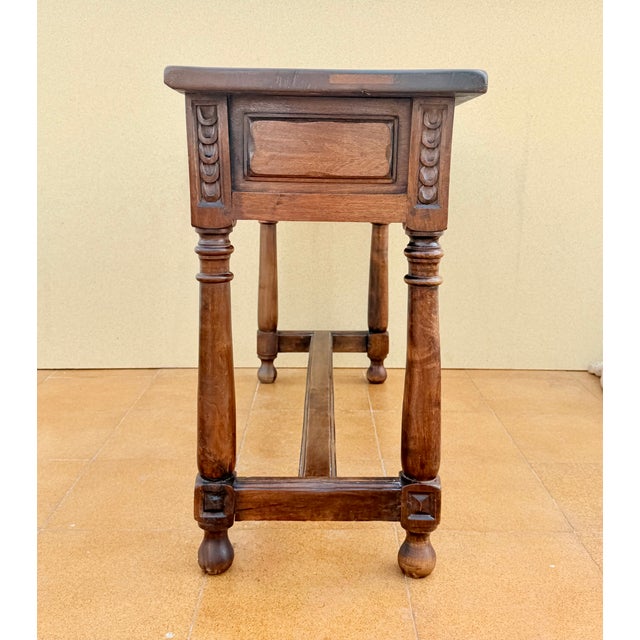Spanish Walnut Console Table with Geometric Carved Drawers, 1920s For Sale - Image 11 of 17
