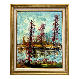 Vintage Abstract Landscape Impasto Oil Painting on Board, Signed