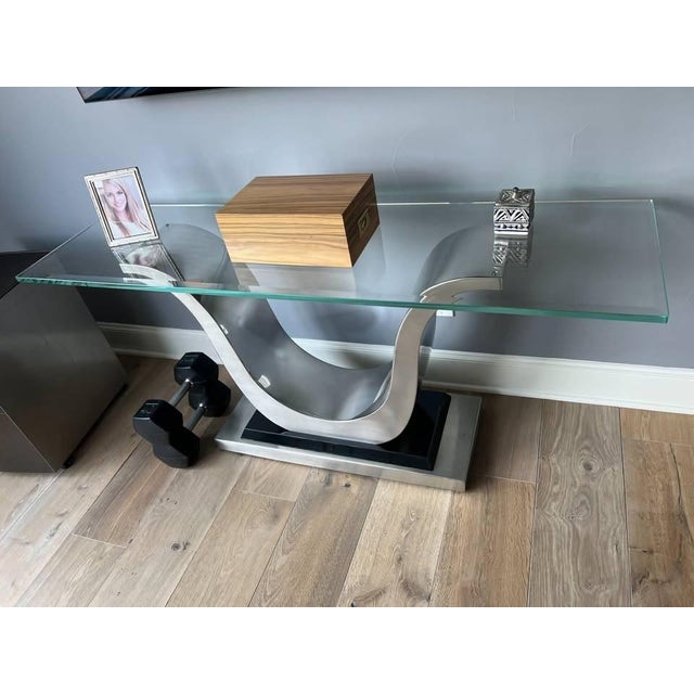 2010s Elite Modern Glass Console Table With Stainless Steel Ribbon Pedestal For Sale - Image 5 of 5