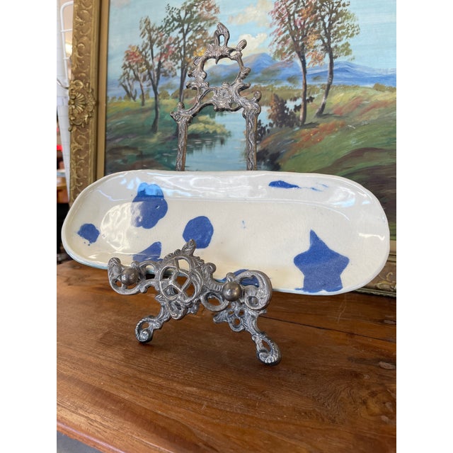 Abstract Handmade Studio Pottery Tray With Blue Abstract Glaze and Textured Underside For Sale - Image 3 of 9