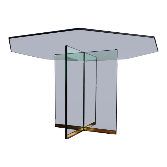 Modern Brass & Glass X-Base Pedestal Dining Table Thick Octagonal Glass Top From Pace Collection For Sale - Image 13 of 13
