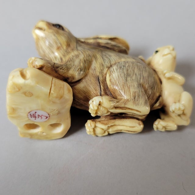 Japanese Carved Bone Rabbit Netsuke With Mother and Baby, Signed | Chairish