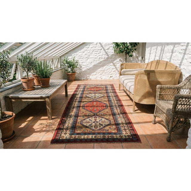 Camel 1930s Tan Camel Medallion Antique Persian Serab Rug 3'5" X 13'10" Knotted Pile Wool Carpet For Sale - Image 8 of 9