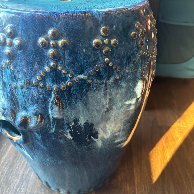 Chinese Vintage Chinese Cobalt Blue Glazed Porcelain Drum Form Garden Plant Stands - Set of 2 For Sale - Image 3 of 12