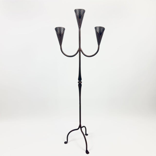 Hand Forged Iron Floor Candelabra 47″ (119cm) Antique Copper Patina 3-Arm Hammered Cone Cup Candle Holder Rustic Decor For Sale - Image 4 of 5