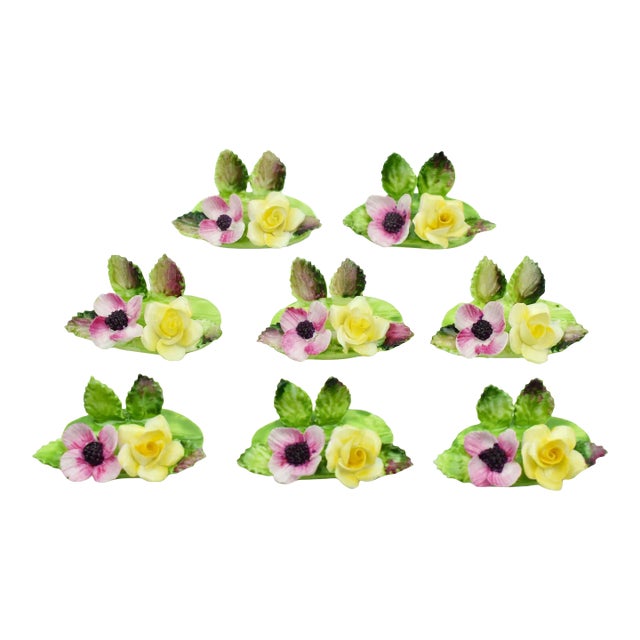 Mid 20th Century Hand Painted Colorful Flowers Crown Staffordshire Dinner Table Guest's Name Tags Card Holder- Set of 8 For Sale