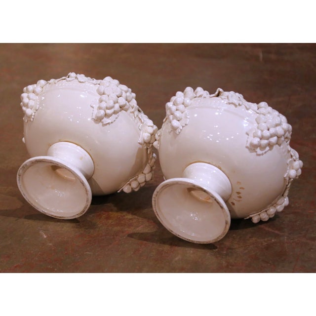 Cream Pair of Mid-Century Italian Creamware Grape Cluster Compotes on Pedestal For Sale - Image 8 of 11