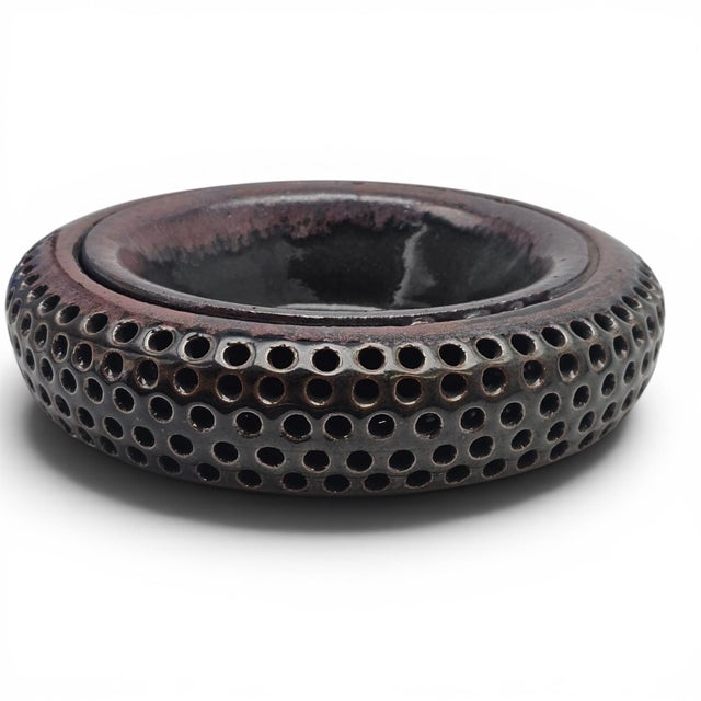 Contemporary Vintage California Studio Pottery Double Wall Perforated Ikebana Stoneware Bowl For Sale - Image 3 of 11