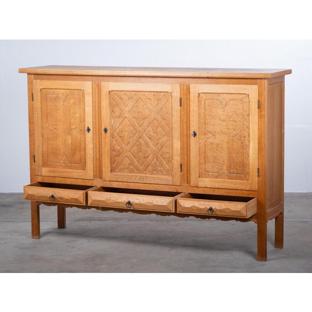 Brutalist Oak Sideboard attributed to Henning Kjærnulf, Denmark, 1960s For Sale - Image 6 of 16