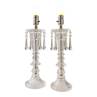 Vintage Pair of Cut Glass Table Lamps, Crystal Prisms, Ornate Traditional Hollywood Regency Lighting, Clear Glass Decorative Lamps For Sale