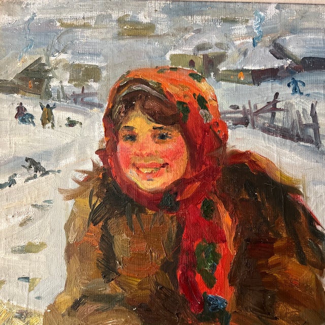 20th Century Oil on Canvas Impressionist Style Titled as Peasant Girl in a Red Shawl by Fedot Vasilievich Sychkov ( 1870-1958) Framed For Sale - Image 10 of 11