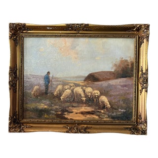 Framed Dutch Oil on Canvas "Sheep in the Field", Late 19th Century For Sale
