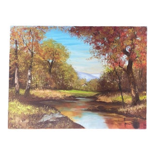 Vintage Still Life Fall Landscape Original Oil Painting on Canvas in Chartreuse, Copper, Orange For Sale