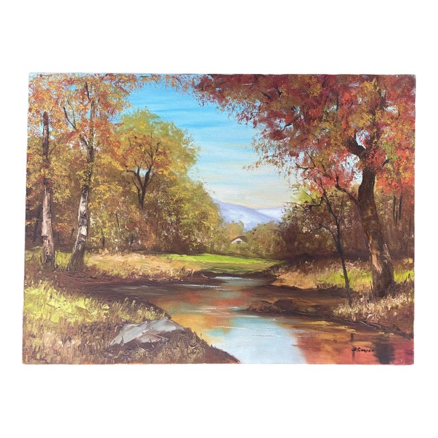 Vintage Traditional Impressionist Still Life Autumn Landscape Original Oil Painting, Chartreuse, Copper, Orange For Sale