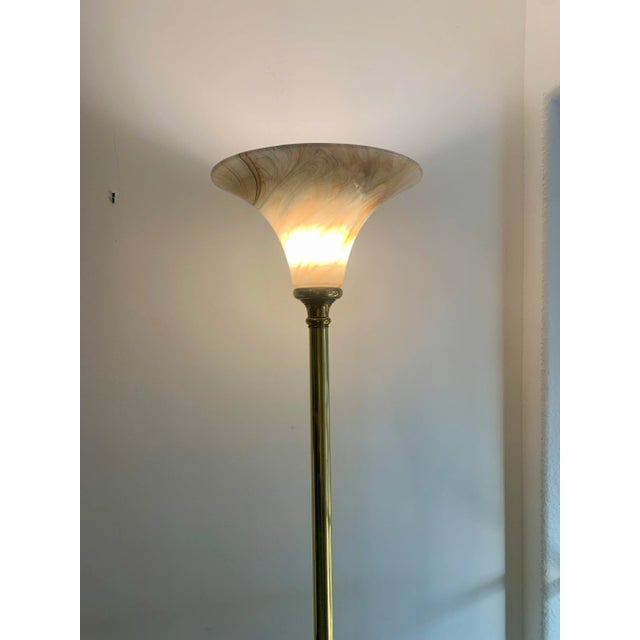 Vintage Brass Floor Torchiere Marbled Shade For Sale - Image 4 of 7