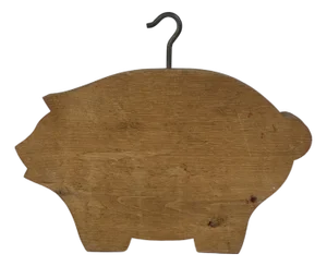 Mid Century Modern Vintage Butcher Shop Pig Trade Sign From Block of Wood & Hook