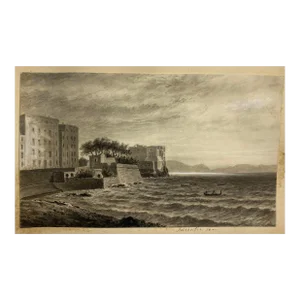 Antique Castle on Adriatic Sea en Grisaille Drawing