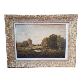 Claude E. Picault Antique Oil Painting 19th Century Pastoral Pond Landscape For Sale