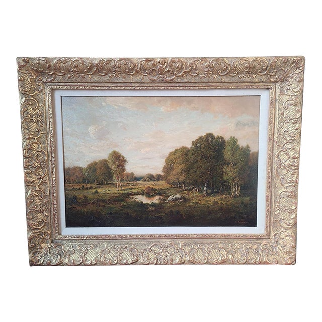 Claude E. Picault Antique Oil Painting 19th Century Pastoral Pond Landscape For Sale