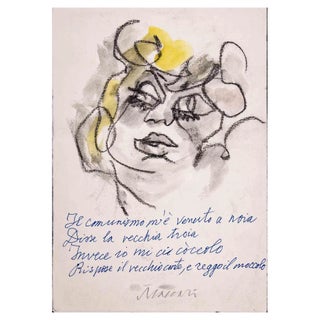 Mino Maccari, Communism Came to Me to Boredom, Charcoal & Watercolour Drawing, 1980 For Sale