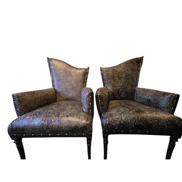 Dramatic, powerful, and steeped in historicism, this set of 19th-century high-back armchairs is a prime example of the...