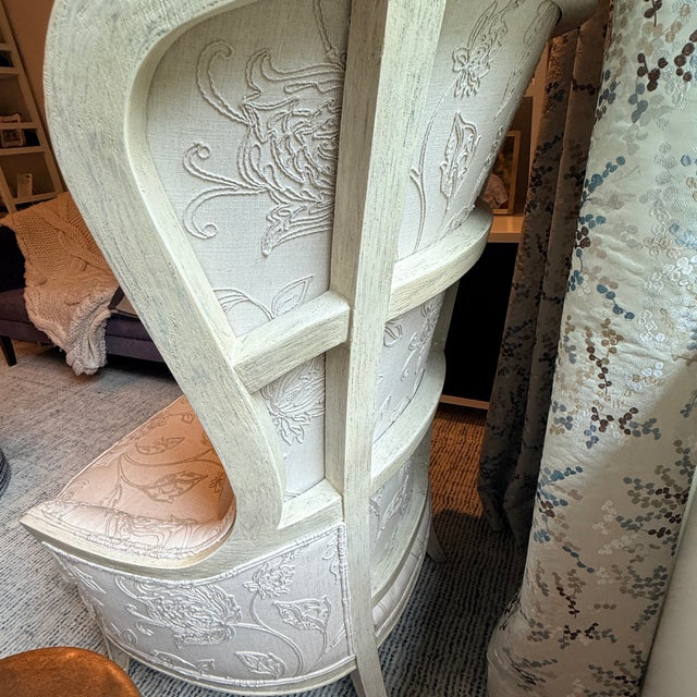 Wood Tall Embroidered Wingback With Footstool For Sale - Image 7 of 13