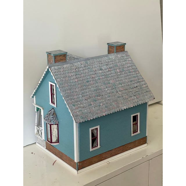 Blue 1960 Vintage Dollhouse Blue Cottage Handmade Furnished For Sale - Image 8 of 17