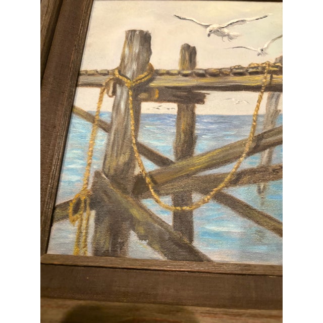 Wood 1970s Original Nautical Ocean Oil Painting - Seagulls & Sea Pier Pilings in Wood Frame For Sale - Image 7 of 11