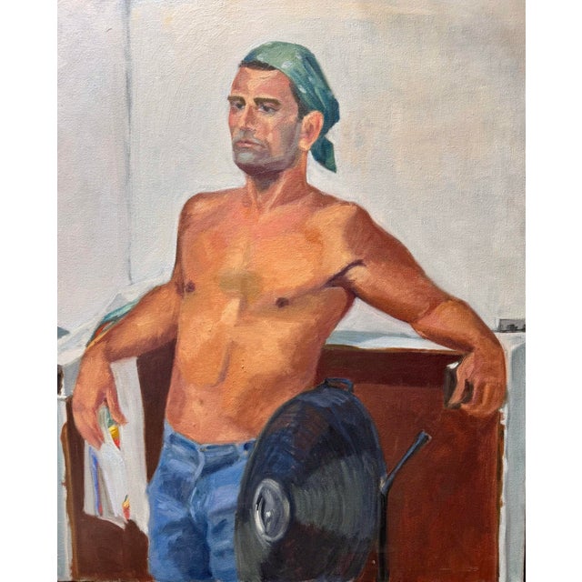 Textile Stunning Vintage 1970 Commissioned Painting of a Half Nude Male Wearing a Head Bandana While Resting Against a Counter For Sale - Image 7 of 9