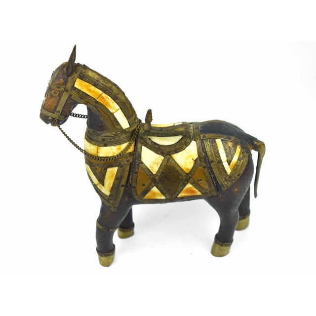 Mid 20th Century Vintage Hand Carved Wood & Mosaic Brass and Copper Inlaid Horse Figurine For Sale - Image 5 of 11