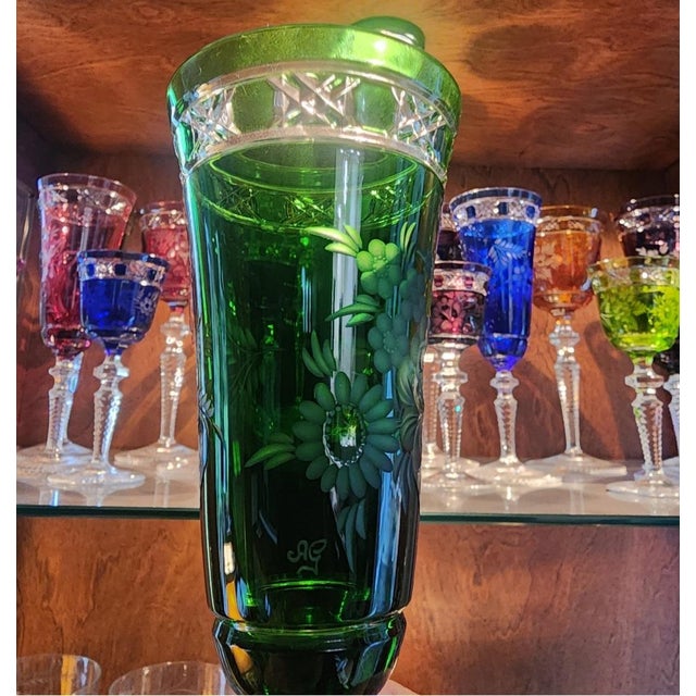 1950s Signed 18 Piece Colored Cut to Clear Bar Glass Set For Sale - Image 4 of 5