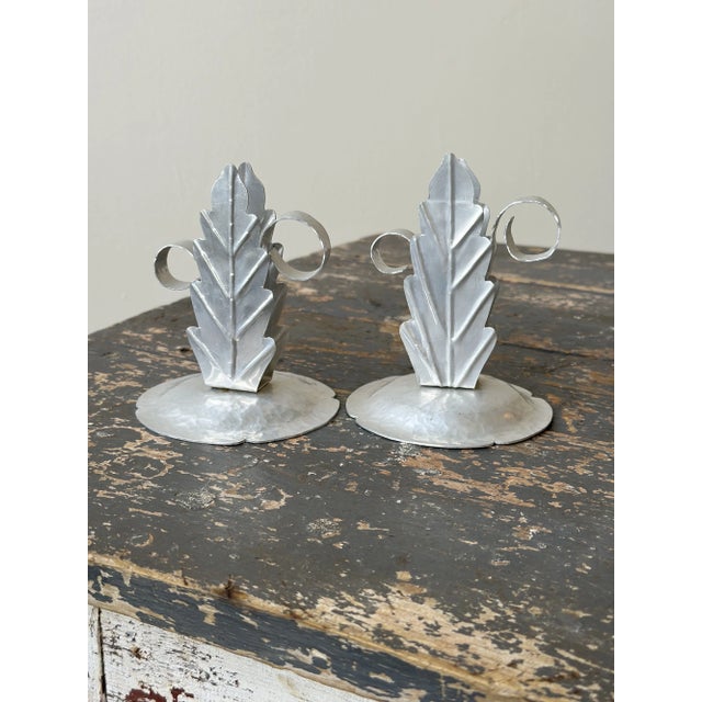 Silver Vintage Handmade Hammered Aluminum Leaf Motif Candleholders, a Pair, Circa 1940s For Sale - Image 8 of 12